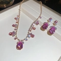 Detail of elegant gold necklace and teardrop pink zircon earrings jewelry set - 73# Necklace-Gold-Pink