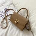 Chic earth-toned PU leather crossbody bag with iconic gold buckle and top handle - Khaki