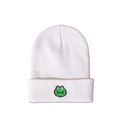 Detail of white knit beanie featuring green embroidered frog motif on folded brim - M (56-58cm) / White