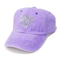 Close-up of purple washed cotton baseball cap with sparkling rhinestone heart design - Purple