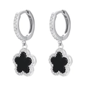 925 silver black onyx five-petal flower hoop earrings with micro-inlaid zircon crystals - Hoop Earrings-Silver
