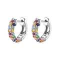 Macro shot of silver hoop earrings featuring a row of vibrant rainbow cubic zirconia - Silver Base-Rainbow Zircon