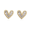 Close-up of 18K gold plated heart stud earrings with white zircon stone setting - White