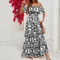 Detail of off-shoulder black and white floral print maxi dress with baroque patterns - S / Black