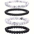 4-piece minimalist beaded bracelet set with white marble stone and black matte beads - 6mm White Turquoise Matte Black + 8mm Set