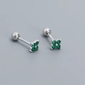 S925 sterling silver four-leaf clover stud earrings with emerald green zircons and screw backs - Platinum Plated - Green Zircon