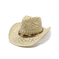 Cappello di paglia stile denim vintage con motivi a diamante e perline di legno etniche - M (56-58cm) / Beige