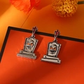 Gothic Halloween earrings with silver tombstones, skulls and red rhinestone crosses - Tombstone Skull Red Cross Dangle Earrings (28) / Vintage Silver/Red