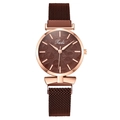 Women's quartz watch with brown leaf-textured dial and rose gold magnetic Milanese strap - Coffee