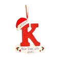 Detail of red glitter letter K Christmas ornament with Santa hat and custom text - Letter K