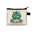 Cute triceratops cartoon coin purse in off-white fabric with black zipper and strap - Dinosaur 14 (Hatching Triceratops)