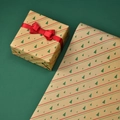 Christmas kraft wrapping paper with red stripes and green trees plus gift box - Small Triangle
