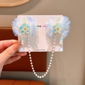 Blue chiffon flower hair clips for girls with long pearl tassel fringe and soft petals - 6# Gradient Blue Forehead Chain