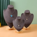 Three-tier wood and grey velvet necklace busts with heart, pearl, and clover pendants - S/M/L Size Combination / Dark Grey Velvet