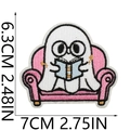 Detailed embroidery patch size guide showing ghost reading cat with measurements - Style 26 - Book Ghost