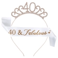 Close-up of rose gold 40 & Fabulous birthday tiara and white satin sash with gold lettering - 40th Birthday Rose Gold Tiara White Sash