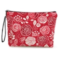 Floral makeup bag with red canvas fabric and white rose pattern, featuring a side strap - White Rose On Red Background