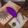 Rainbow gradient quill pen with purple feather and vintage wax seal stamp set - Purple