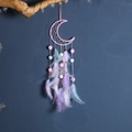 Pink moon-shaped dreamcatcher with colorful feathers and plush balls for kids room decor - Pink Crescent / Without Lights