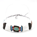 Close-up of ethnic beaded hat band with turquoise stone and white bone-like beads - 22 Cyan Textured Stone