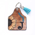 Western style leather sunflower keychain with black letter J and blue fringe tassel - Letter J