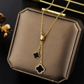 Golden titanium steel four-leaf clover necklace with zircon tassels on bronze jewelry box - 863 Gold Black