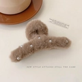 Brown plush claw clip with white pearls and soft faux rabbit fur for autumn winter - Light Coffee Faux Rabbit Fur Pearl Claw Clip