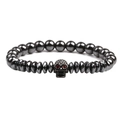Men's natural black stone beaded bracelet with a skull charm and red gemstone eyes - Gun Black Skull