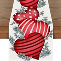 White linen table runner with red hearts and eucalyptus leaves on dark wood table - 32x180cm / Red Heart Pattern (VT001)