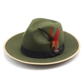 Detail of dark green wool fedora with decorative feathers and contrast binding - M(56-58cm) / Army Green