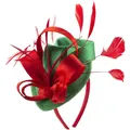 Detail of red and green satin fascinator headband with elegant feather accents for festivals - Green+Red