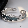 Minimalist S925 sterling silver open ring featuring irregular lava texture and blue enamel - Size 14 (Adjustable 12-17) / Platinum/Light Blue