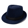 Classic navy blue wool felt fedora hat featuring a wide black grosgrain ribbon band - 58cm / Navy Blue