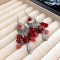 Detail of silver drop earrings with red beads and leaf charms in a velvet box - 50# Earring Hook - Silver Hollow Ring Red Beads Leaf
