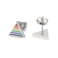 Silver triangle stud earrings with rainbow stripe pattern and classic metal finish - Rainbow Triangle Style (KE103940)