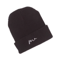 Detailed texture of dark coffee knitted beanie featuring white me letter embroidery - Coffee