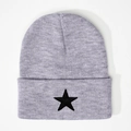 Light gray knitted beanie with black embroidered star on ribbed cuff, casual winter style - Light Heather Grey