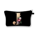 Polyester dumpling cosmetic bag with golden letter J print and floral motif on black fabric - Letter J