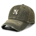 Distressed vintage olive green denim baseball cap featuring white N letter embroidery - Army Green