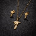 Golden Caduceus medical symbol jewelry set with pendant necklace and stud earrings - Golden Caduceus (152)
