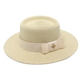 Classic beige straw panama hat with wide brim, ribbon band, and golden bee detail - M (56-58cm) / Beige