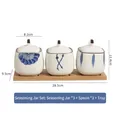 Japanese ceramic spice jars set with blue floral pattern, wooden tray and spoons - Set of 3 Jars + 3 Spoons + Tray (Assorted)