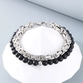 Herren Armband-Set mit silberner Byzantiner-Kette und mattschwarzen Perlen für Männer - Stahlfarbe