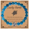 8mm blue amazonite beaded bracelet with silver turtle charm on lucky gift card - Apatite