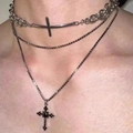 Dark style layered choker set featuring silver chain and cross pendant for men and women - Titanium Steel Cross Necklace X4044