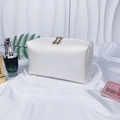 White faux leather makeup bag with pearl letter detail and gold zippers on silk - Medium / Pearl White