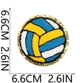 Detail of round volleyball chenille patch with gold sequins and measurement marks - Yellow Blue White and Gold