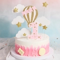 Close-up of pink hot air balloon and golden star cake toppers for first birthday decor - Gold Glitter 12pcs