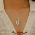 Faux pearl grape cluster necklace with teardrop beads and yellow bead on silver chain - Silver Artificial Pearl Teardrop Grape Style (2391)