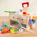 Wooden kids workbench toy set with hammer, saw, and colorful screws on a wooden desk - New English Version Portable Tool Box